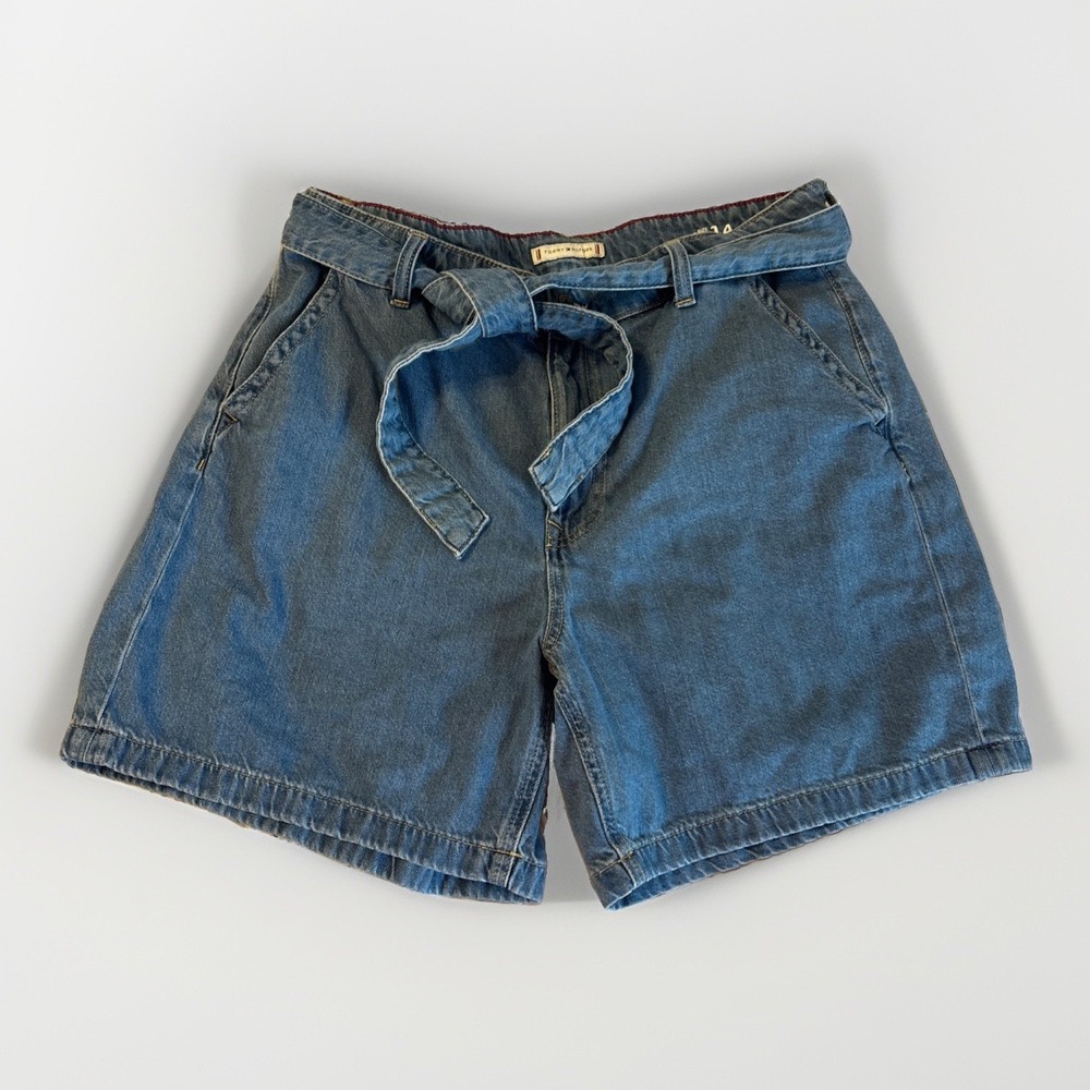 Tommy Hilfiger Womens High Rise Rigid Denim Shorts 6" Tie Waist 14 Blue Med Wash